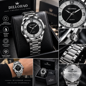 Montre-Bracelet Homme Quartz Diluohao – Cadran Noir & Bracelet Acier