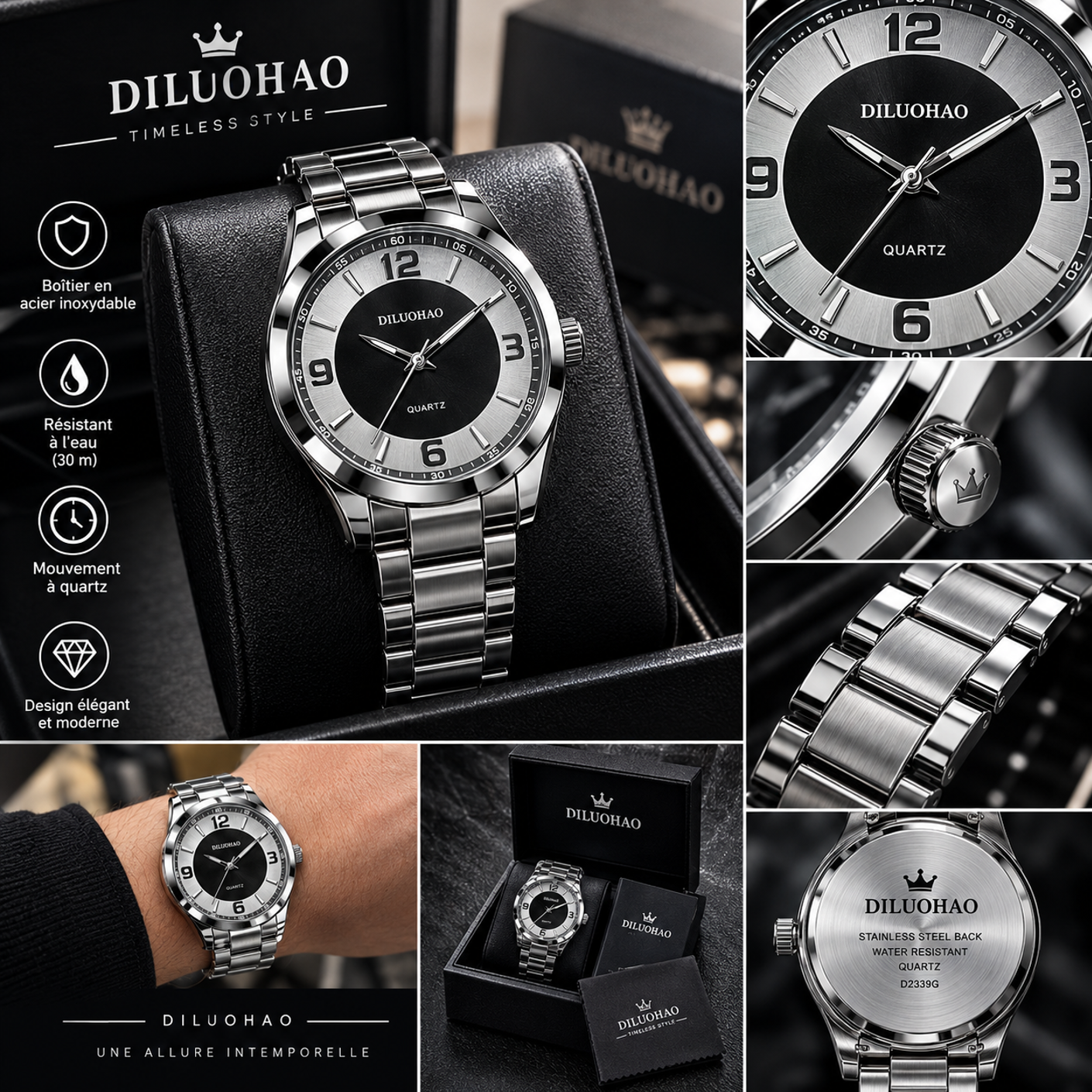 Montre-Bracelet Homme Quartz Diluohao – Cadran Noir & Bracelet Acier 2 Montre Homme Quartz Tunisie - Vue 1 Kadowet Tunisie