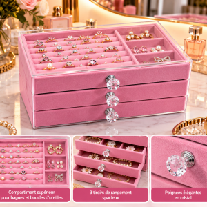 Boîte à Bijoux Rose 3 Tiroirs avec Organisateur Transparent en Velours
